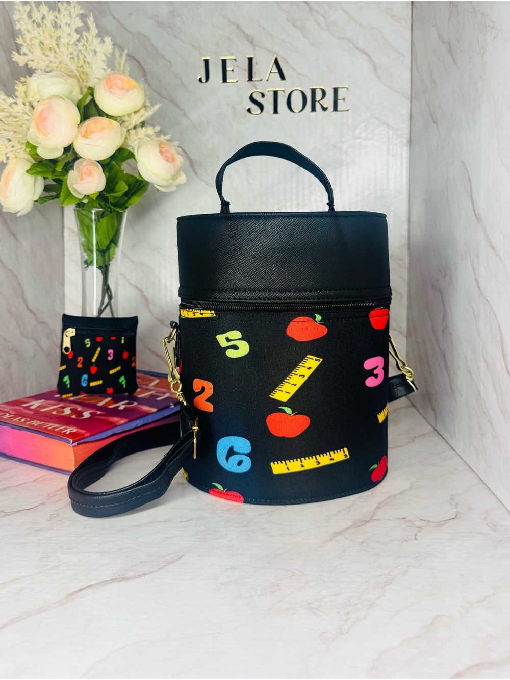 Black Printed Cylinder Crossbody Bag